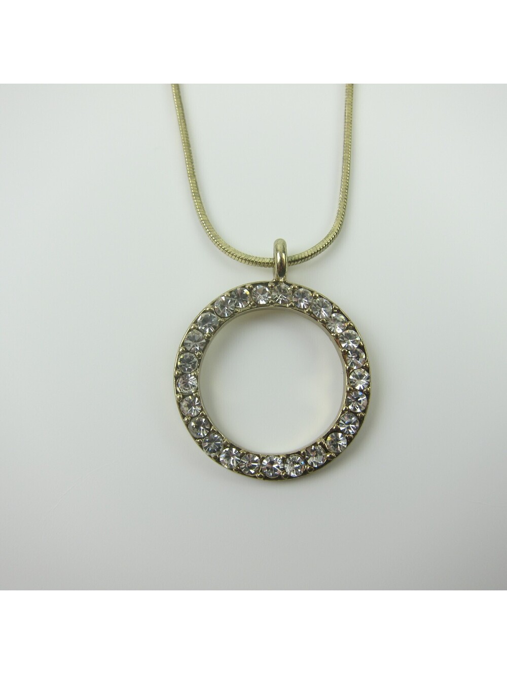 Vintage Open Circle Pendant Necklace Gold Tone Inlaid Rhinestones Estate Jewelry